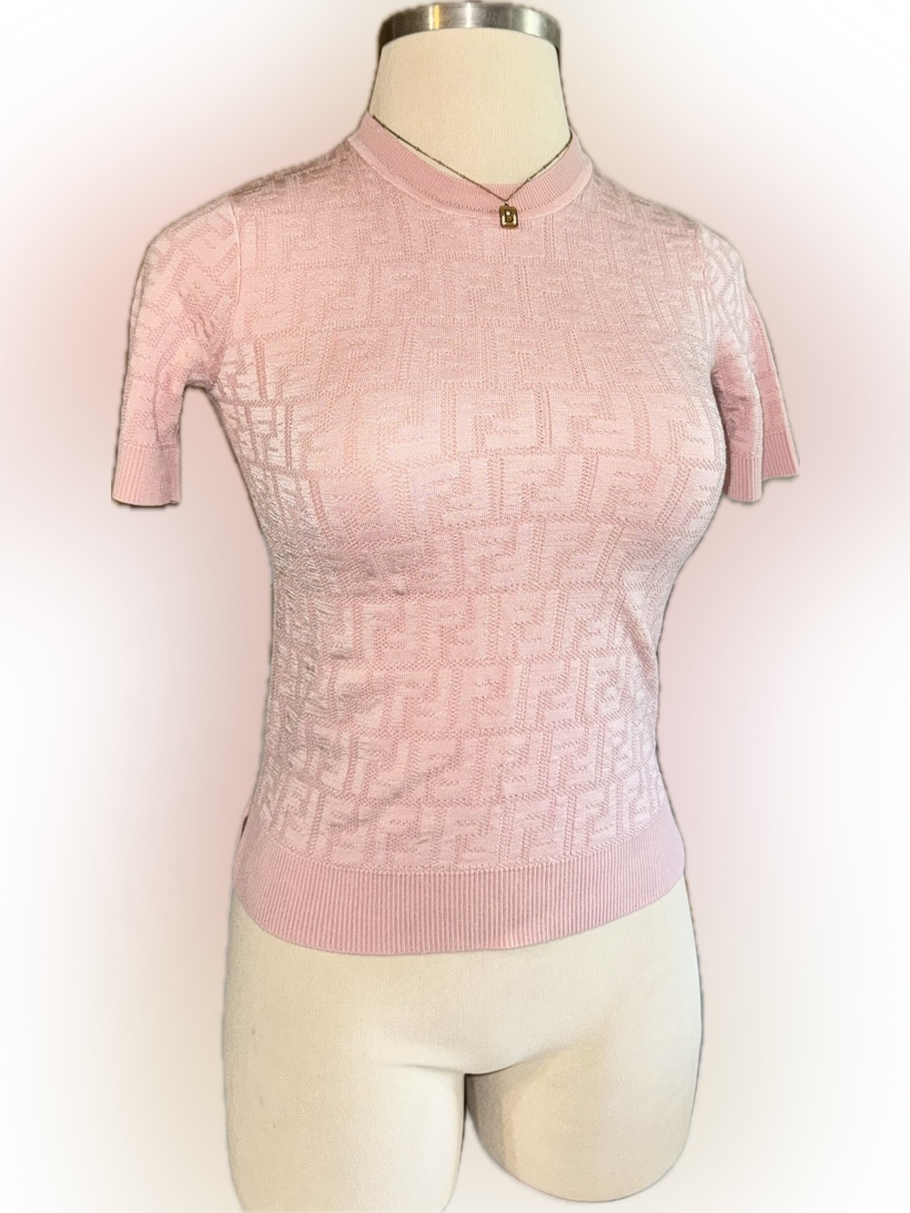 Light Pink Fendi FF Motif short sleeve Sweater ribbed crewneck collar and hem